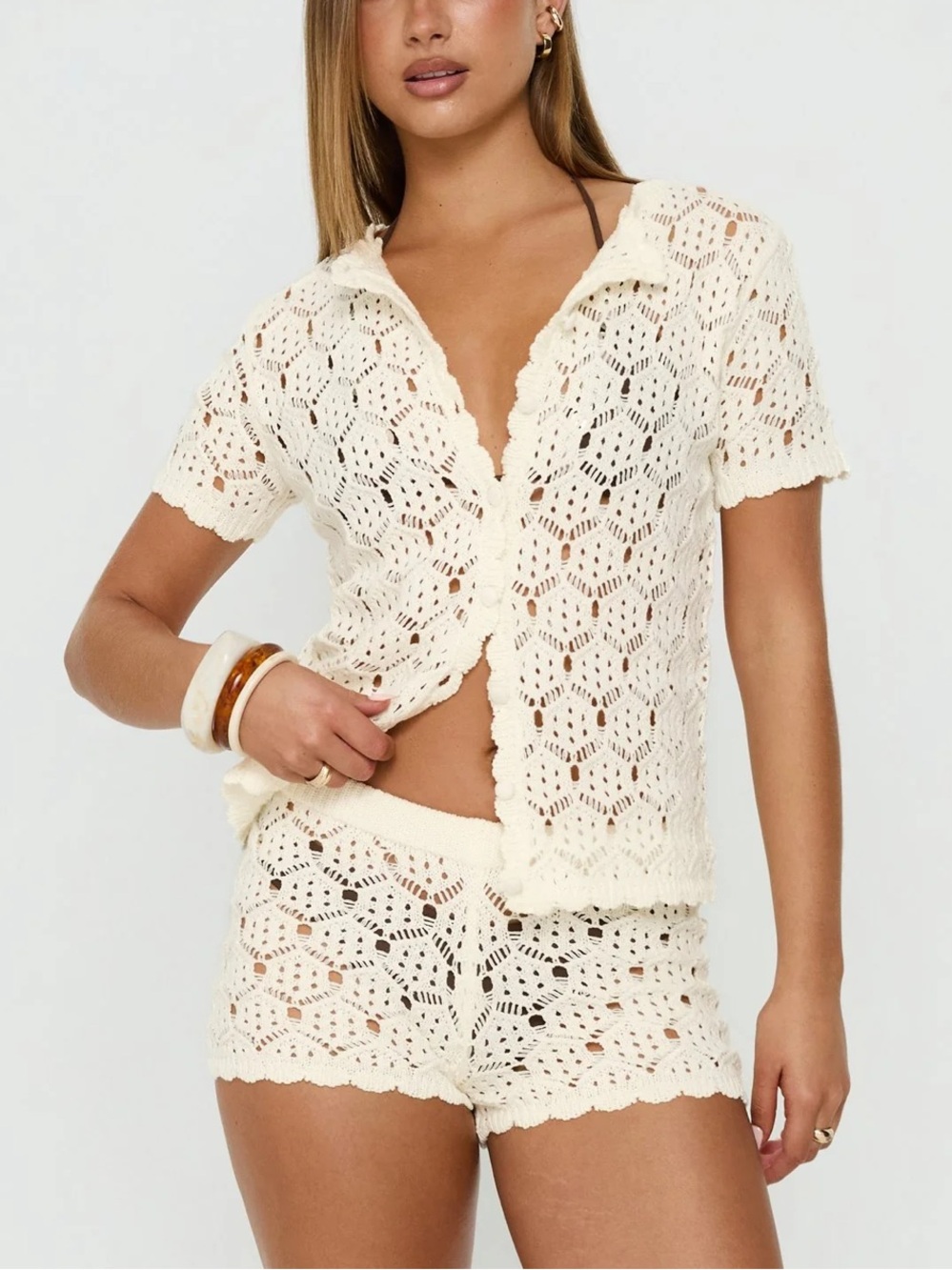 Princess Polly Cream Crochet Short Set — Openwork Knit Top & Shorts